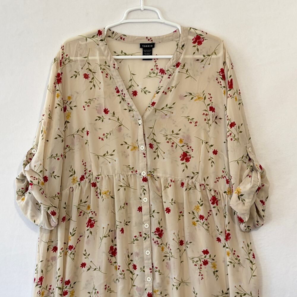 Torrid Lexie Babydoll Hi-Low Tunic Top Womens 3X Cream Semi-Sheer Chiffon Floral - Picture 10 of 11